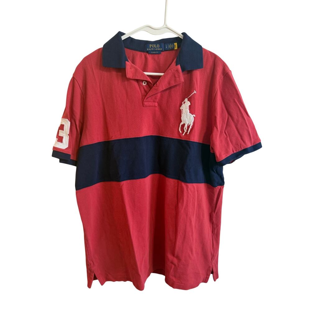 Polo Ralph Lauren Classic Fit Big Pony Mesh Polo Shirt Red Blue Sz L Cotton Nice